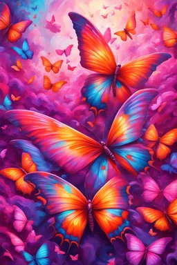 vibrant psychedelic oil painting image, airbrush, 64k, cartoon art image of background PINK and ORANGE BUTTERFLIES , futurism style