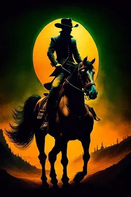 A surreal cowboy on a horse in the style of Zdzislaw Beksinski, and Yves Tanguy, , dark luminous colors and aesthetic.