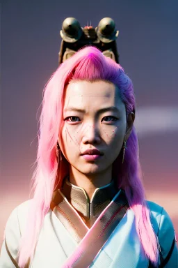 portrait, Asian cyborg woman, samurai warrior :: symmetry photography, cyberpunk style, pink hair :: black samurai army, katana, japanese traditional ornaments, pink, white, black, glow iris :: cinematic, Ultra realistic, dark scene, soft color, highly detailed, unreal engine 5, RTX, ultra detail, 3d, finely drawn, high definition.