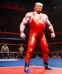 Wrestler Donald trump, wrestling, sweat, blood, red breeches, suspenders, stars, retro style, 80s, hot ambient, photo studio, vibrant color, gradient, highly detailed, art stations, concept art, smooth, unreal engine 5, god rays, ray tracing, RTX, lumen lighting, ultra detail, volumetric lighting, 3d, finely drawn, high definition, high resolution.