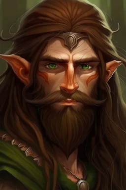 Gnom, braune lange wilde Haare, große, auffällig dicker Nase, grüne Augen, sehr jung (etwa zwanzig Jahre) , Druide, gebräunte Haut, Zeichen im Gesicht, keine Falten im Gesicht, etwas dicker, Mann