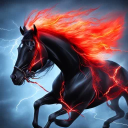 Black muscular horse with red eyes, fire, ice, lightning