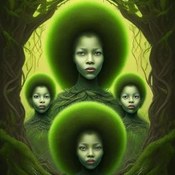 Painting .three women. A mother. Two daughter. Twins. A mother with her children the faces of three young black women. wood nymphs emerging from the forest. Her hair looks like vines. Dreadlocs. Her skin is the colour of dark soil. Her skin looks like tree bark. Her clothing is made of vines, grass and leaves.