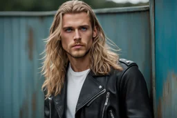 Hyperdetailed, 20-year-old german male, long blonde hair, wearing black leather jacket, neatly trimmed dark beard blue eyes