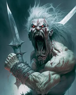 cursed apocaliptic screaming scary zombie human berserker meaty grey hair big greatsword