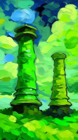 Lime green aero towers in the cloudy sky painted by Vincent van Gogh