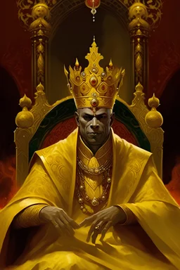 A captivating portrait of a mysterious king clad in vibrant embellished yellow robes, sitting majestically on his Gold throne. He wears a magnificent seven-pointed crown, and his face is obscured by an eerie, all-white, slick mask that accentuates his regal air. Draped over his shoulders is a liturgical crimson stole adorned with intricate esoteric symbols, adding to the otherworldly atmosphere. His head is lightened by a bright divine halo. His hands wearing yellow velvet gloves carry a small b