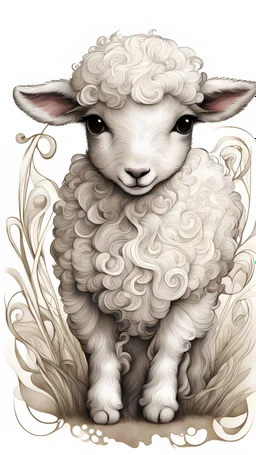 , strong textures, dynamic ink lines,, art nouveau, illustration of a cute baby lamb, farm, whimsical, enchanting illustration, white background