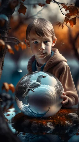 boy with swan wings in a tree in a Crystal ball with Halloween landscape inside, shot on Hasselblad h6d-400c, zeiss prime lens, bokeh like f/0.8, tilt-shift lens 8k, high detail, smooth render, down-light, unreal engine, prize winning