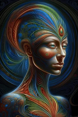 Within the depths of her gaze, behold the radiant souls dancing within. A luminous spiral of ink gracefully adorns her spine, she strides with an aura of goodness. Her essence resonates with the purest light, embodying the soul of the brighter side. digital painting, elegant, extremely detailed, intricate, portrait, beautiful, dynamic lighting, Alex Grey, 128k UHD, 3D