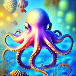 beautiful mystical underwater octopus, seashell, fish, high quality, acrylic paints, pastel colors, by Renoir, intricate,