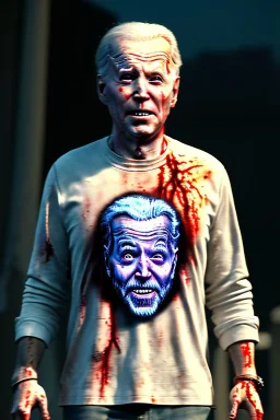 Ultra realistic image, joe biden zombie, zombie performance, blood, torn arm, night, walking twisted, waist up view, walking dead style, dark ambient, highly detailed, White House background, concept art, unreal engine 5, god rays, ray tracing, RTX, lumen lighting, ultra detail, volumetric lighting, 3d, finely drawn, high definition, high resolution.