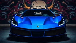 Ferrari, metallic blue, trippy Skull graffiti for the background, front view, dark, Ferrari, supercar, 488GTB, cool, beautiful, wallpaper, beautifully lit