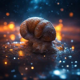 wet slimy snail in a puddle covered with glowing crystals, fire and water particles in air, night starry sky, calming mood, thick fog, bright colors, glowing sparkle particles, dark tone, sharp focus, high contrast, 8k, incredible depth, depth of field, dramatic lighting, beautifully intricate details, clean environment