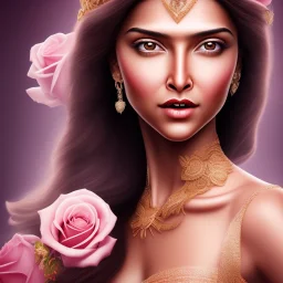 portrait borders head Princess with great bobs long hairs black eyes no top with roses indian actress deepika padukone