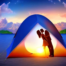 2 lovers last kiss in sand island with tent and river background