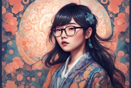 asian woman with wide frame glasses and side swept bangs, long hair, in boheme patterned outfit, anime-inspired, ethereal, digital painting, beautiful and intricate patterns, stylish, high contrast, striking, fantastical elements, modern twist, retro vibes, lively and energetic, surrealistic elements, dreamlike atmosphere, whimsical, effervescent, contemporary flair, eye-catching details, magical ambiance