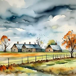 November cloudy gloomy rainy day at the farm, loose watercolor style