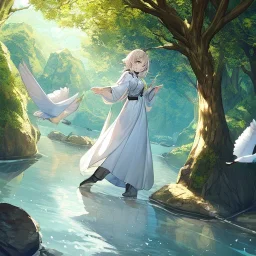 anime girl meditating pose,white robe, rock trees, birds, creek