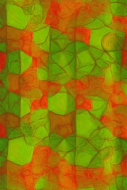 symmetry and tesselations; Contemporary Art; color palette of avocado Green, Harvest Gold, Coppertone, burnt orange, and poppy red