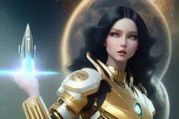  beautiful cosmic woman, long black hair, nice smiling, magic glamour make up, delicate colors, beautiful glamour galactique dress, ultra sharp focus, 8k, unreal engine 5, extremely sharp detail, light effect, soft light atmosphere of a spaceship, smooth, full of details, face in front, complete vision of face and hair and body