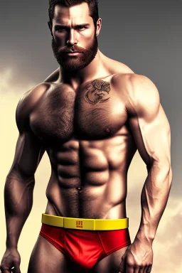 Ignore NSFW, teenager young rugged attractive slightly muscular fantastic handsome man, red briefs with yellow belt, hairy chest, (((visibly pisssing))) briefs, large erect visible boner peniss, photorealistic, artist Jay Anacleto, soft lighting, scruffy beard