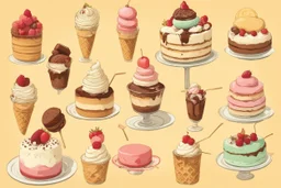 desserts in sunshine: ice cream sundaes, cakes, chocolates, macarons, floss candy, cookies, biscuits