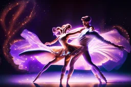 very beautiful a ballet male and female dancers couple in very pretty clothing dancing ,hyper realistic ,disco lights,very luxury dance stage ,with nice light sources and devices in stage, close up