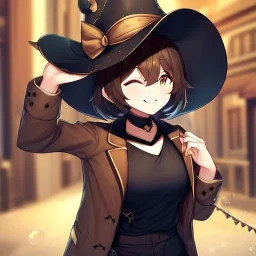 Clear focus, High resolution, short brown spiky hair, hair between eyes, eyes closed, wearing a brown detective hat, wearing a brown jacket and a black shirt, wearing black shorts, 1girl, pulling hat down, smiling