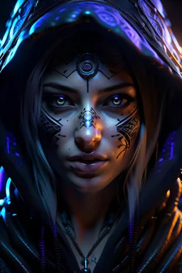 female, assassin, cyberpunk, big fangs, glowing runes, nordic runes, violet eyes, glowing eyes, hard-edge style,highly detailed, high details, detailed portrait, masterpiece,ultra detailed, ultra quality