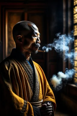 insence smoke,upper body, Shirokai was raised in a secluded monastery, where the tiger monks devoted themselves to the study of ancient martial arts and the pursuit of inner peace. He was an orphan, brought to the monastery's doorstep as a baby, and the monks raised him as one of their own. photorealism, depth of field, lightrays, downligh, anime