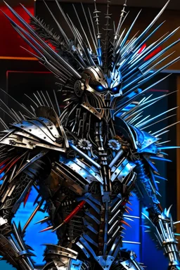 A seemingly sinister humanoid being made entirely of sharpened metal blades and spikes. Photograph.