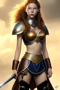 realistic, concept illustration, super-detailed, beautiful teen female who is 16 years old with long ginger hair and freckles with full lips and b-cup breasts, full body, full face, athletic, centred camera, ignore NSFW, skimpy brown fantasy leather armor, halter top, thong, knee-high leather boots, open leather skirt, stern expression, cute pose