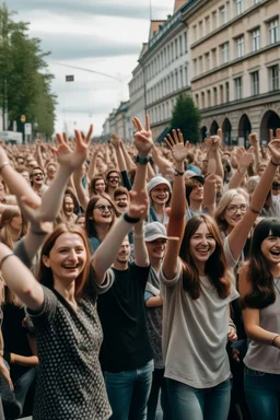 on a wide boulevard of a city, a huge crowd of people of all ages, smiling and joyful with their hands in the air.