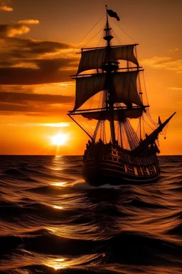 Pirate sailing into sunset.