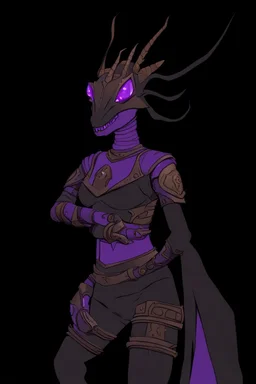 a black and purple, female argonian artificer who uses Tesla coils as weapons, skinny, lightly armored