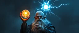 dwarven priest with electrically charged hair, expert holding up a floating radiant Painite crystal rosette ball shooting radiant light through the fog, folded hands