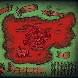 dnd, fantasy, map of the small town, demonic, diagram, map, parchment, illustration, arstation, red colour, black sand, barren desert