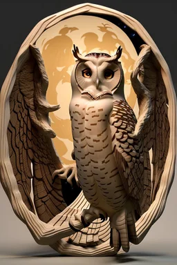 A captivating and mesmerizing 3D render of a striking minimalist silhouette of an owl, transformed into a nighttime scene. The owl's body is filled with a warm golden hue, representing a starlit sky and a radiant full moon. The center features a delicate, flying bird, symbolizing the owl's spirit. Beneath the owl, a serene landscape of pine trees and a resting owl unfolds, creating a sense of tranquility and harmony with nature. This enchanting illustration masterfully blends elements of wildlif