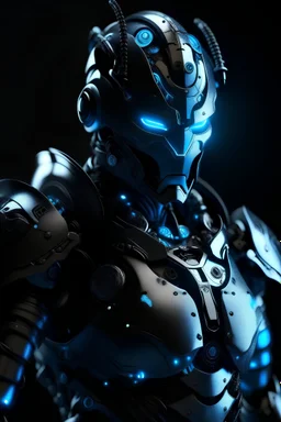 Dark Cyborg knight in medieval style armor glowing blue eyes