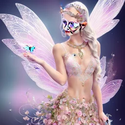 fantasy fairy with transparent wings, smiling, make up, tatoo, elven crown, long platinum blond hair, pink dress