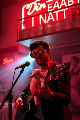 An spanish Guy with "popsicle" big eyes "Enrique" performing at dance club, his name is "Enrique" Red roses On stage, red Neon lights and smog, and "Din KEBAB I NATT" big sign on the wall, serenade under balcony,a female lamb on the balcony