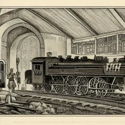 steam locomotive with carriages in a railways station medieval print