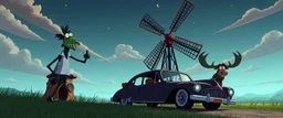 windmill scene from gorillaz music video, with car and moose, cartoon gorillaz guys