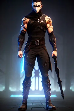 muscular ninja assassin, athletic build, wearing black and gray baggy pants with pockets, black hood and black balaclava mask, buckles, straps, pockets, daggers around arms, tan skin, big boots, dark hazel eyes, eyes are both in proportion, 3/4 look, standing, dark cobblestone alley, one halo candle light behind head, non photorealistic rendering in the art style of j.scott campbell