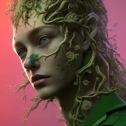 face tattoo of green leaves and gnarled branches extending past face and morphing into reality, 8k resolution, high-quality, fine-detail, intricate, digital art, detailed matte, volumetric lighting, illustration, octane render