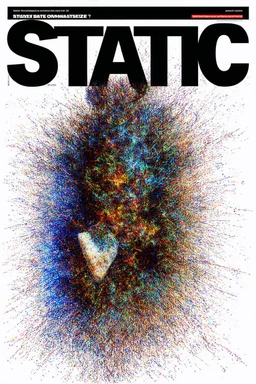 create a satirical STATIC magazine cover, text "STATIC" magazine title, cover is awash in a chaotic static haze, static textures