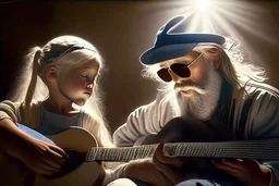 An angel handsome man with a very very!!! short, grey beard and moustache and a grey beret, with round black sunglasses and a shining halo plays guitar, in front of him a 7-year-old girl with blonde-brown hair is listening with her head propped on her elbow on a carpet, ethereal, heavenly, otherwordly, cinematic postprocessing, shading pastel and charcoal in sunshine, watercolor