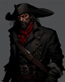 demonic rogue criminal, gunslinger pirate pistol, gray ashen skin, small ram horns, pirate gear, red eyes, black neck length hair, short black beard