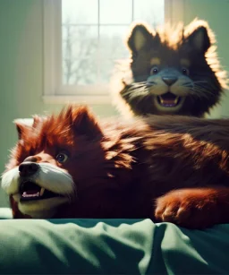 Realistic bedroom scene. big furry monster sitting next to girl from behind. Wes Anderson style. Red hair, smile, happy, gradient color fog. highly detailed, concept art, unreal engine 5, ray tracing, RTX, lumen lighting, ultra detail, volumetric lighting, 3d, finely drawn, high definition, high resolution.